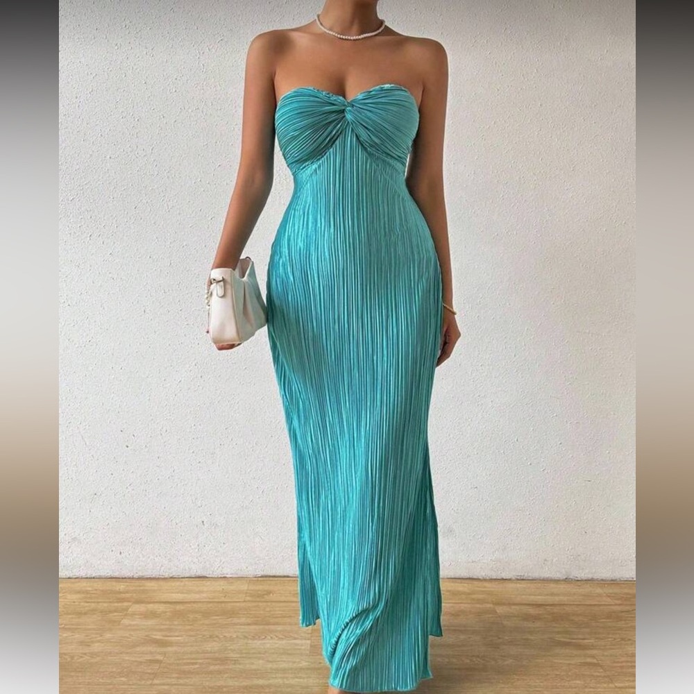 Blue Pleated Strapless Maxi Dress Twist Front Bodycon Size Medium